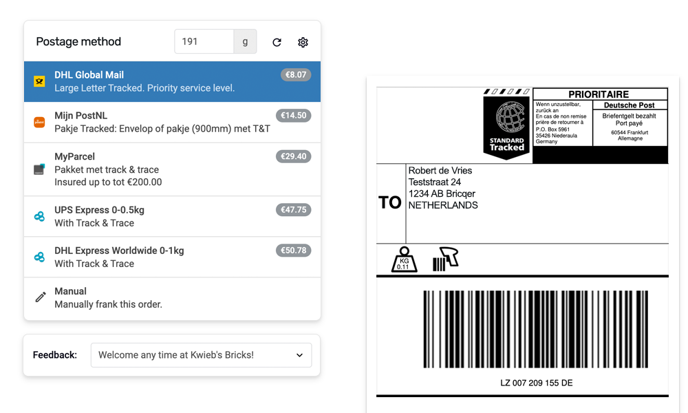 Screenshot showing how to select postage